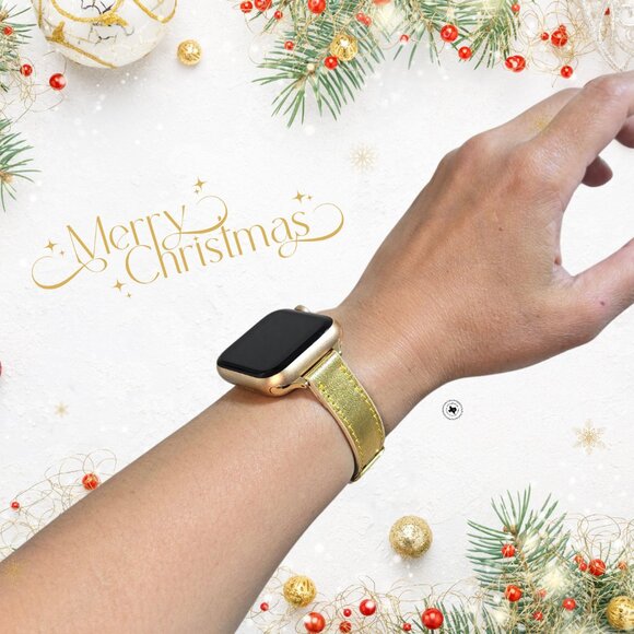 Metallic Gold Genuine Leather Apple Watch Band – Personalized Christmas Gift - Picture 1 of 6